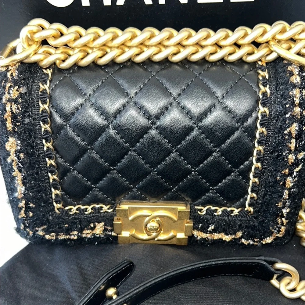CHANEL Black and Gold tweed lambskin quilted braided jacket BOY flap bag